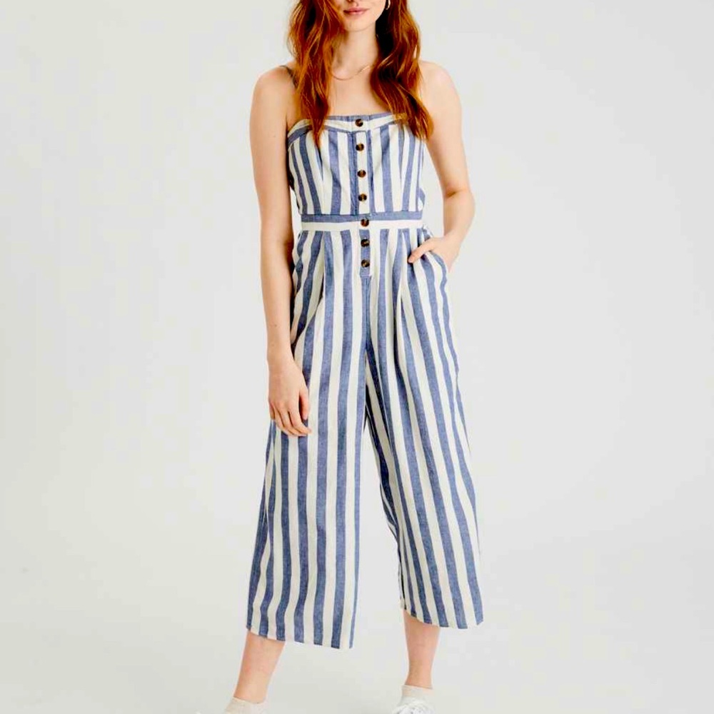 American eagle blue and white striped strapless jumpsuit